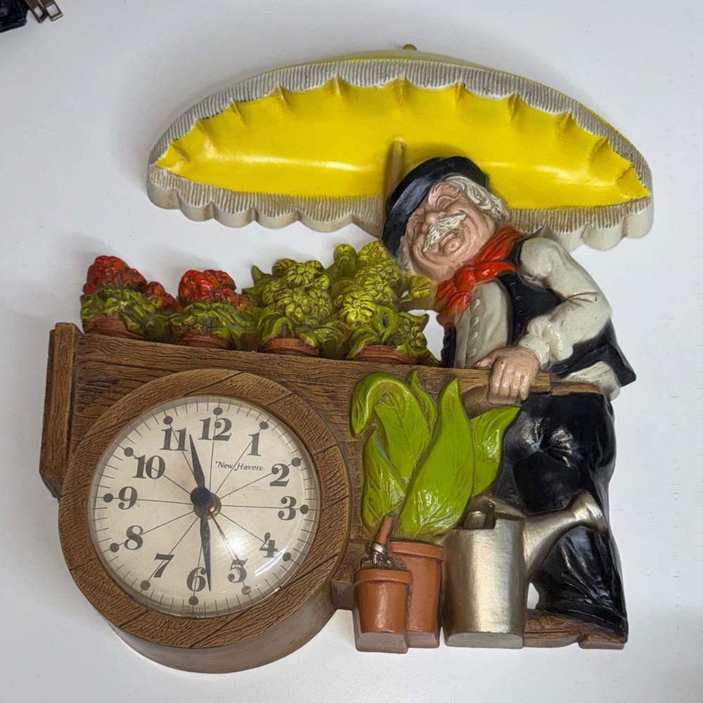 Vintage 1977 Burwood Flower Vendor Wall Clock w/ New Haven Movement